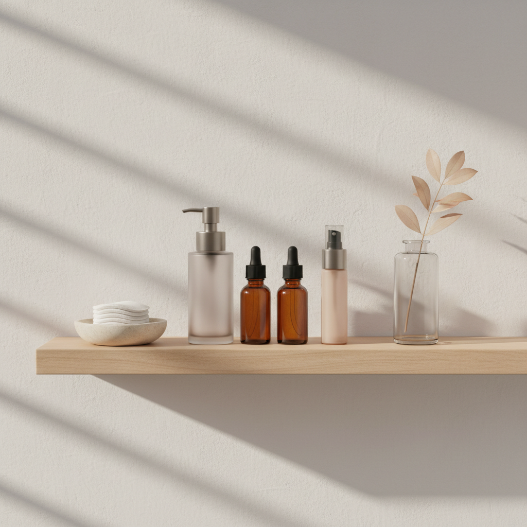 A refined bathroom shelf vignette captured in photographic realism, focusing on self-care and beauty without featuring any people. A floating light-wood shelf holds a curated lineup of skincare bottles in harmonious neutral tones, including frosted glass pumps, amber droppers, and a pale rose mist spray. Beside them, a small stone dish cradles reusable cotton pads, and a clear vase with a single blush-toned stem adds softness. The wall behind is smooth, warm white plaster. Gentle morning light filters from the left, creating soft, horizontal shadows and subtle highlights on the glass. Shot straight-on with a minimalist, balanced composition and sharp focus, the mood is calm, intentional, and subtly luxurious, ideal for communicating conscious beauty routines on a sophisticated women’s beauty site.