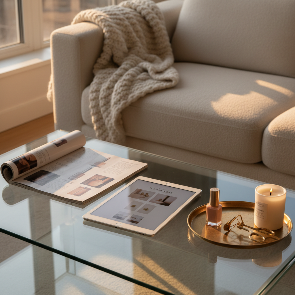 A chic, photographic editorial-style scene of a beauty and lifestyle moment represented only through objects. A low glass coffee table holds an open fashion and beauty magazine, a slim tablet displaying a softly glowing homepage layout, and a small tray with a nude nail polish bottle, a gold eyelash curler, and a delicate scented candle. In the background, a plush cream sofa with a textured throw blanket suggests a cozy living space. Late afternoon golden-hour light streams in from the side, creating elongated shadows and warm highlights on the glass and metallic accents. Captured from a slightly elevated three-quarter angle with a natural, shallow depth of field, the image feels intimate, sophisticated, and perfectly suited to a beauty inspiration or blog section emphasizing modern feminine elegance.