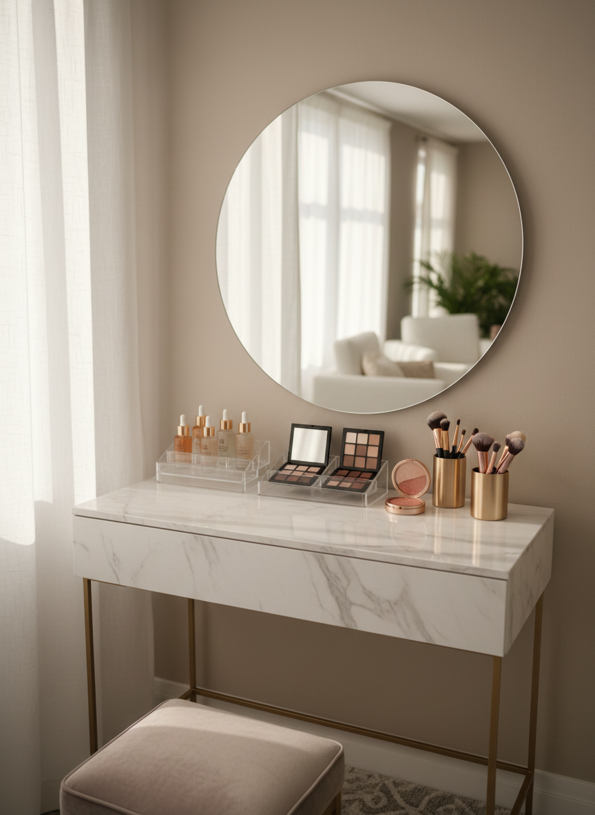 An inviting vanity corner styled for a modern beauty lover, with no human presence, featuring a marble-topped dressing table against a soft beige wall. A collection of high-end skincare and makeup products is displayed on a clear acrylic organizer: serums in glass dropper bottles, neutral-toned eyeshadow palettes, a sculptural blush compact, and a brushed-gold makeup brush holder. A round frameless mirror reflects a hint of a bright, airy room. Warm, diffused afternoon light filters through sheer curtains, creating a calm and sophisticated atmosphere. The photographic composition is eye-level and framed using the rule of thirds, with a shallow depth of field softly blurring the background, ideal for a beauty inspiration or about page visual.