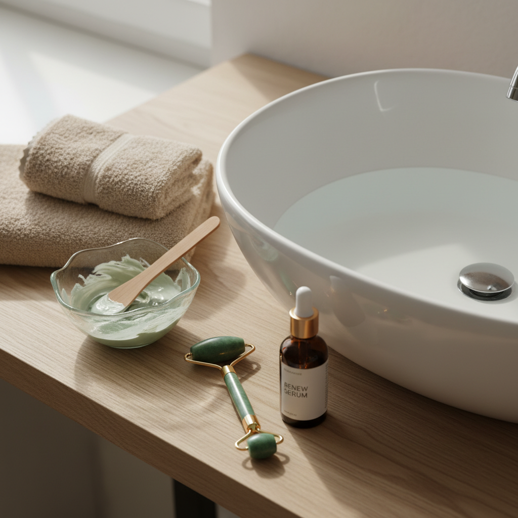 A close-up, photographic still life of skincare rituals in progress shown only through objects, with no people. A pristine white ceramic washbasin sits on a light oak counter, beside a neatly folded stack of plush, sand-colored towels. A glass bowl holds a creamy clay mask with a wooden spatula resting on its rim, next to a small jade-toned facial roller and an amber serum bottle with a minimalist label. Soft, diffused overcast light from a nearby window casts delicate, spa-like shadows and highlights the textures of cream, stone, and wood. Captured from a slightly elevated angle with a calm, minimalist composition and shallow depth of field, the mood is serene, nurturing, and perfectly aligned with premium skincare content.