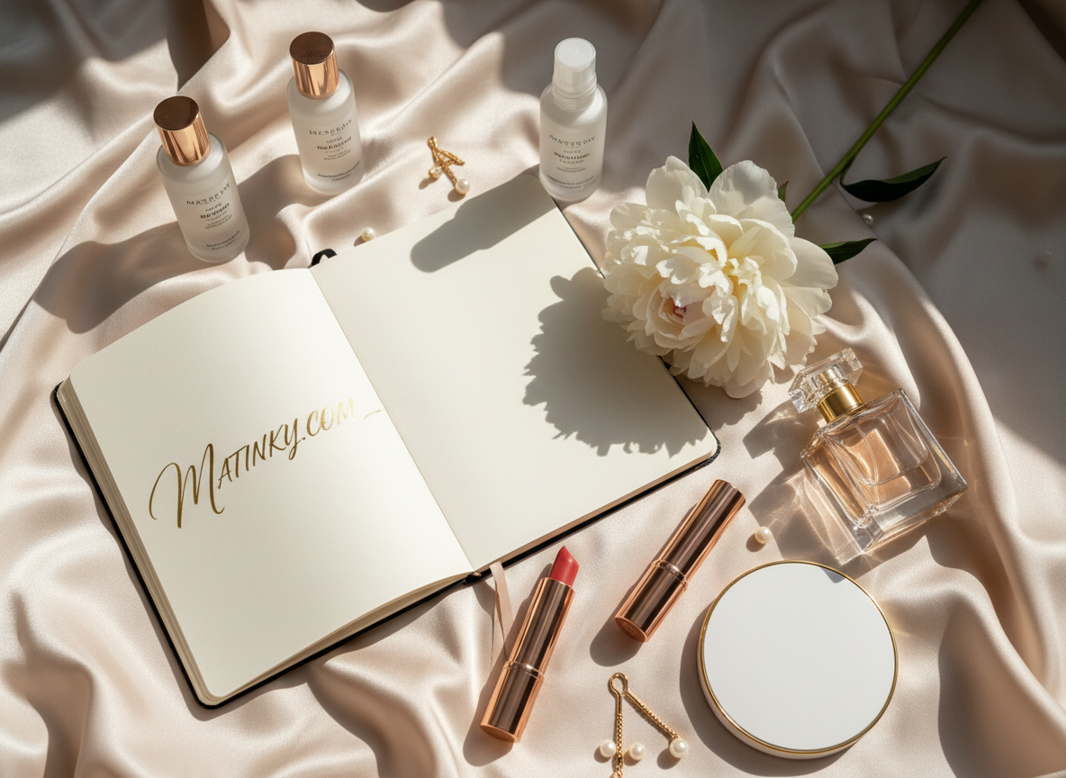 A luxurious flat lay of curated beauty essentials arranged on a silky champagne-colored fabric, representing the sophisticated universe of MATINKY.COM without showing any people. Elegant glass skincare bottles with frosted finishes, a sleek rose-gold lipstick tube, a minimalist perfume flacon, and a glossy compact mirror are meticulously placed around an open notebook and a single white peony. The scene is set near an unseen window, bathed in soft morning daylight that creates gentle reflections on metallic details and subtle shadows in the fabric folds. Photographic realism with a clean, modern aesthetic, shot from a bird’s-eye view with sharp focus and a slightly blurred edge vignette, evoking a serene, aspirational, feminine mood suited for a beauty homepage hero image.