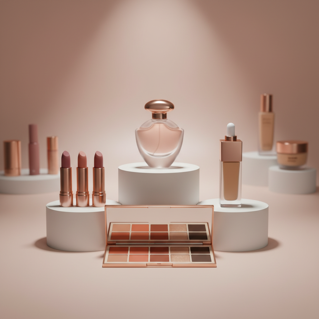 An elegant photographic composition of future webshop beauty products showcased as if in a boutique display, without any mannequins or people. Tiered matte-white pedestals stand on a glossy nude-pink surface, presenting curated items: a sculptural perfume bottle, a trio of lipsticks in muted rosy shades, a luminous foundation bottle, and a sleek eyeshadow palette in warm neutrals. In the background, soft-focus shapes of additional product silhouettes create depth. Studio lighting is soft and even, with a subtle spotlight from above that creates refined highlights and gentle shadows, emphasizing form and luxury. Shot straight-on at eye level with symmetrical framing and crisp clarity, the atmosphere feels premium, aspirational, and ready for an online beauty shop landing page.