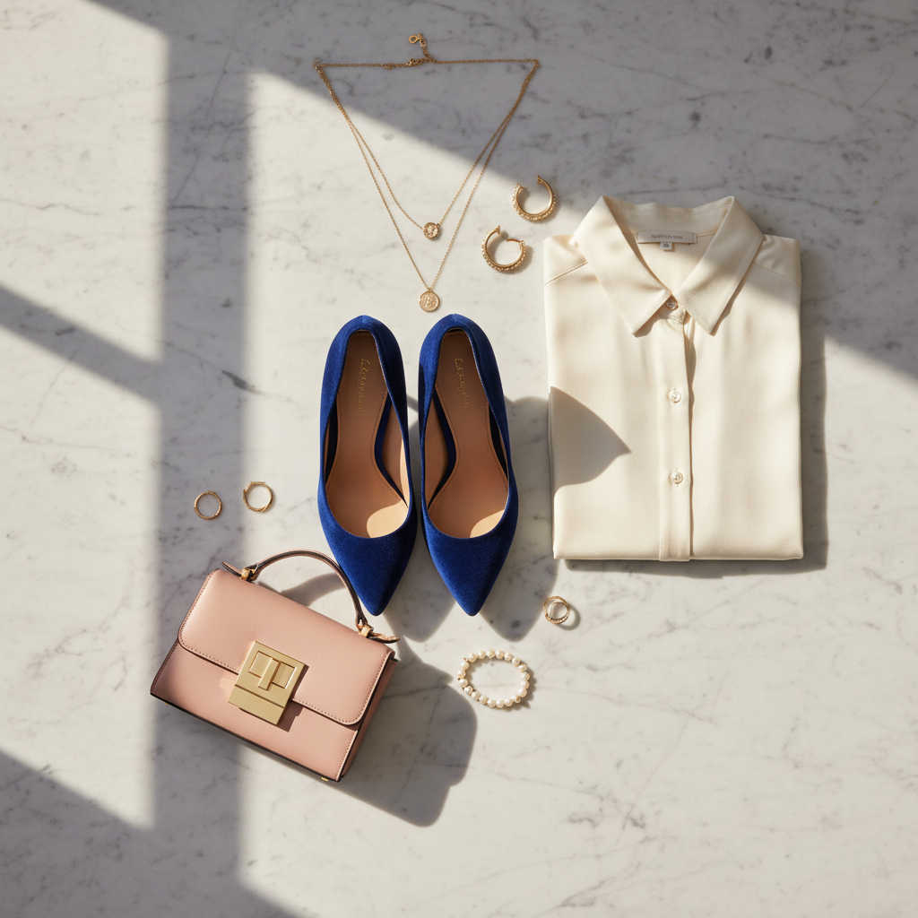A luxurious flat lay of fashionable women's accessories: elegant heels, gold jewelry, a silk blouse and a designer bag on marble