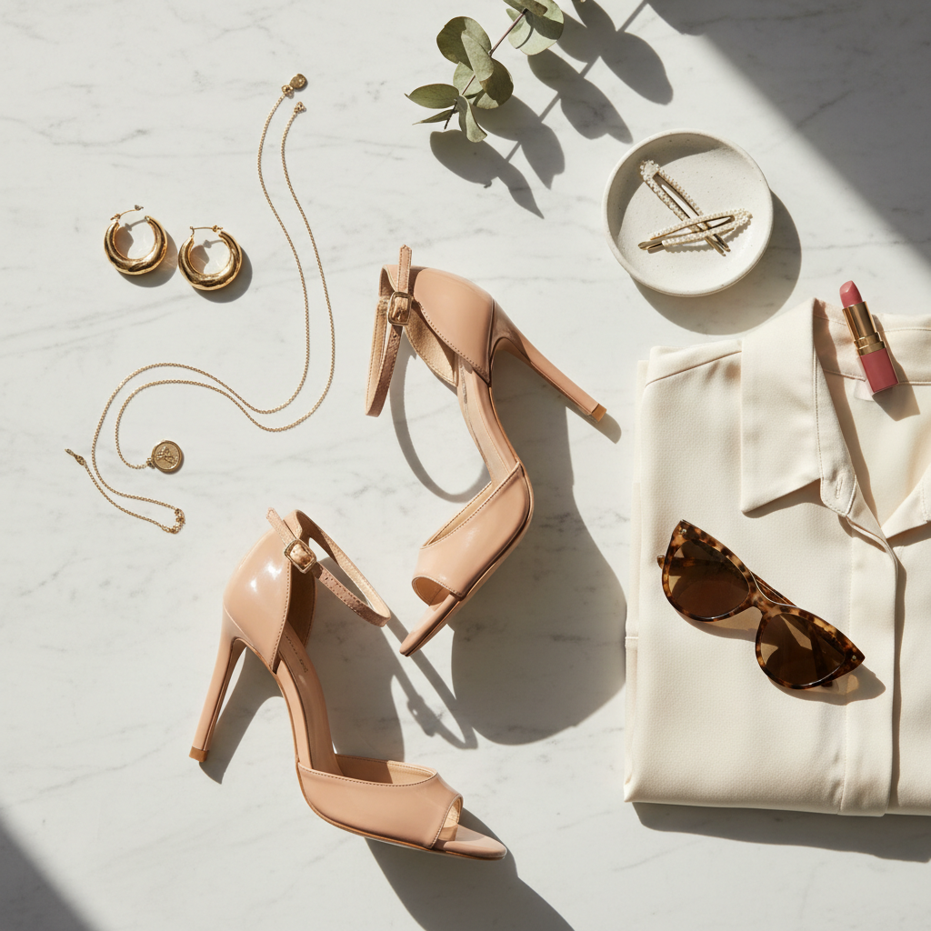 A sophisticated flat lay of women's fashion accessories on a light marble surface: a pair of elegant strappy heels, gold hoop earrings, a delicate chain necklace, and a silky blouse folded neatly, with soft natural light