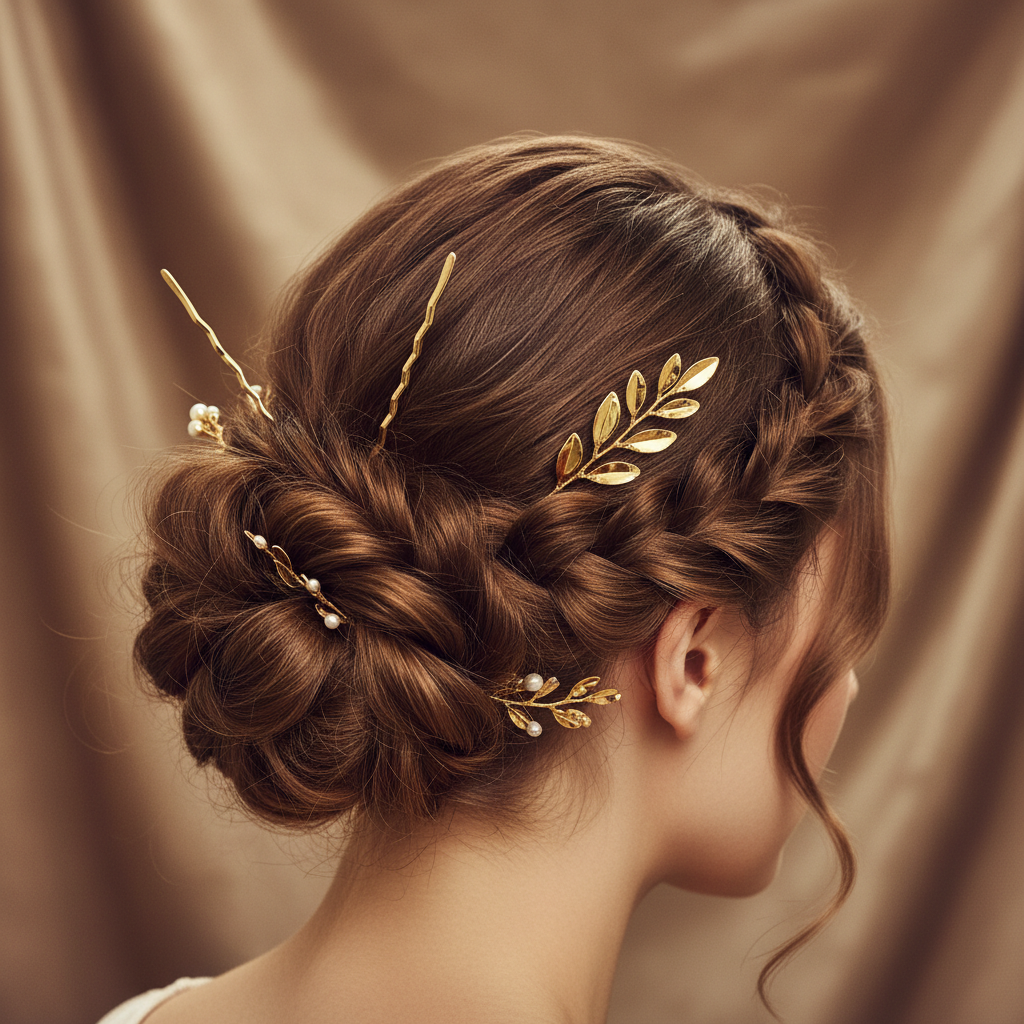 An elegant close-up editorial shot of a woman's hair styled in a chic updo with decorative gold hair pins and a few loose waves, soft warm lighting, luxury fashion photography style