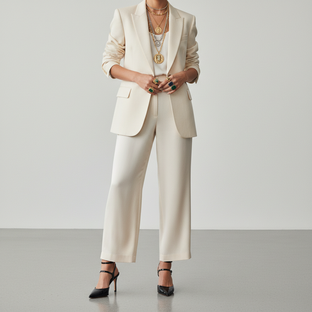 A stylish editorial shot of a woman wearing a chic outfit with statement jewelry - layered necklaces, elegant rings - paired with fashionable pointed-toe heels, shot from waist down on a clean light background, luxury fashion photography